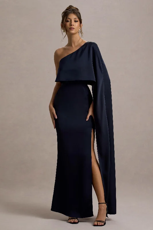 ladies-maxi-dress-lapis-lush-Amora | Navy Satin Asymmetric Cape-Sleeve Split Maxi Dress