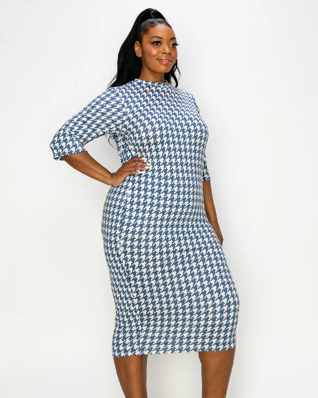 Women's midi dress snag pop -Elly Houndstooth Midi Dress | Blue