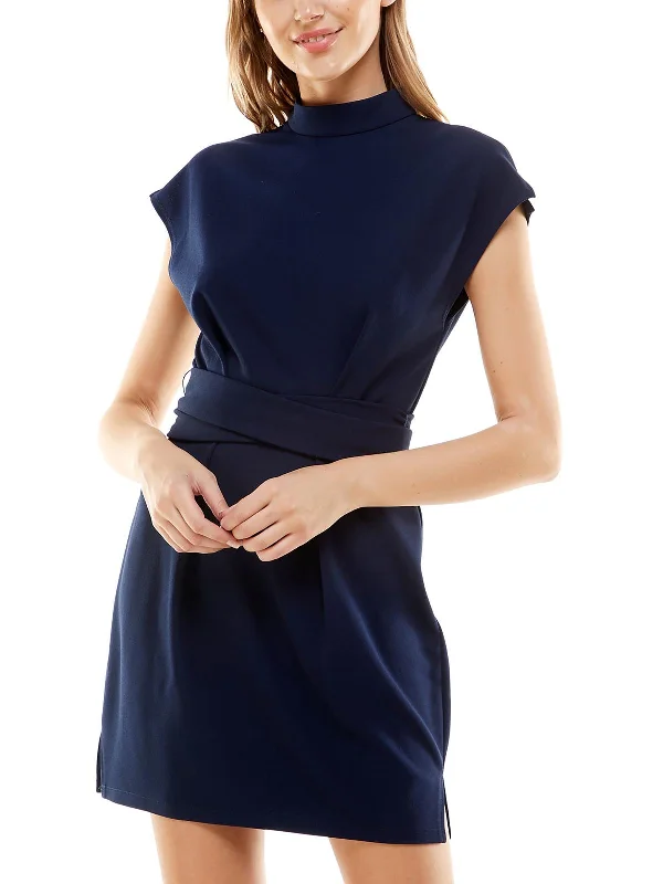 Women's flare dress front slit -Juniors Womens Mock-Neck Cap Sleeve Fit & Flare Dress