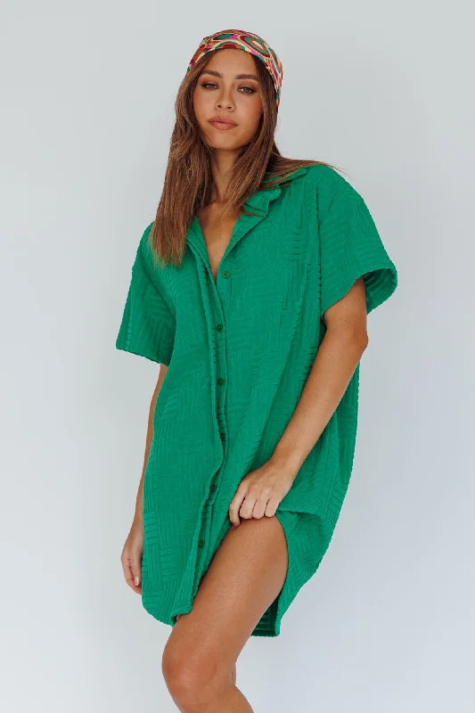 Women's shirt dress fold glow -Sun Time Textured Shirt Dress Green