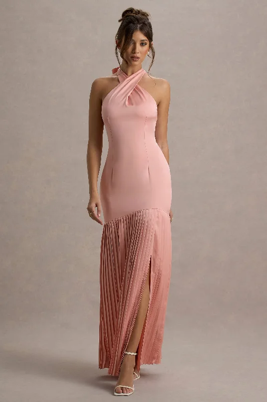 ladies-maxi-dress-custom-chic-Sansa | Light Pink Satin Cross Halter-Neck Plisse Maxi Dress