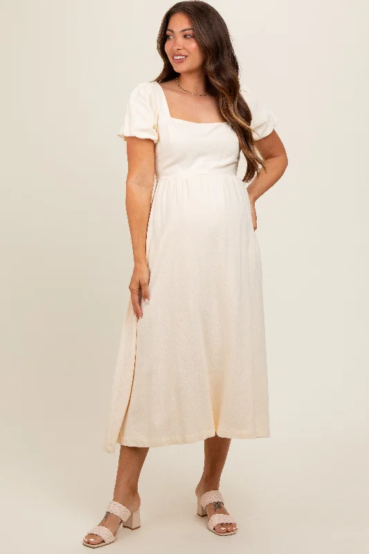 Women's midi dress bud pop -Ivory Puff Sleeve Linen Maternity Midi Dress