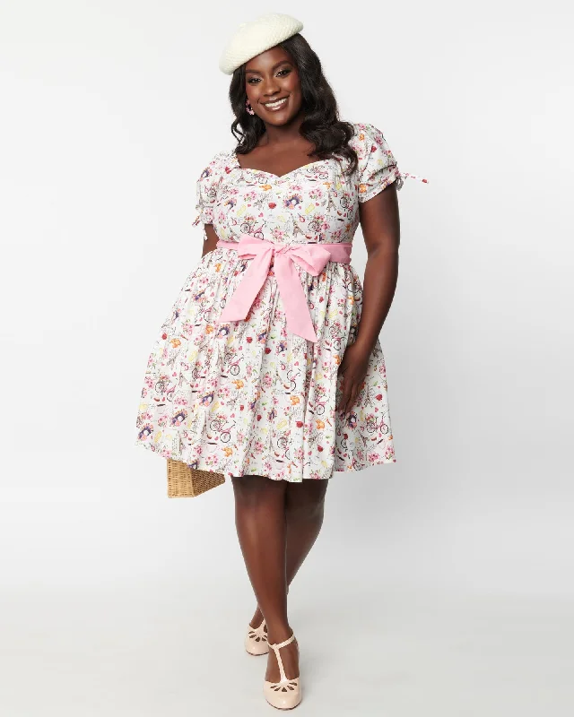 Women's flare dress plus size -Unique Vintage Plus Size White & Pink Paris Print Dakota Flare Dress | White & Pink Paris Print