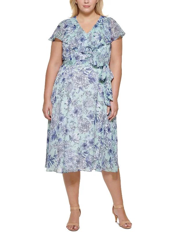 Women's flare dress commuting -Plus Womens Chiffon Floral Fit & Flare Dress