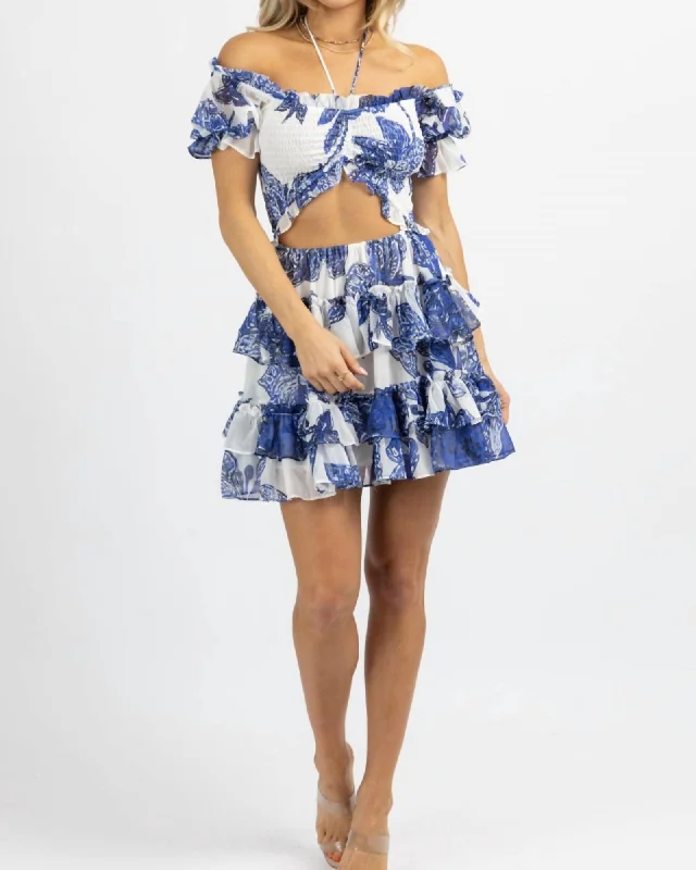 ladies-mini-dress-knit-kick-Smock Ruffle Tiered Mini Dress In White + Blue | White + Blue