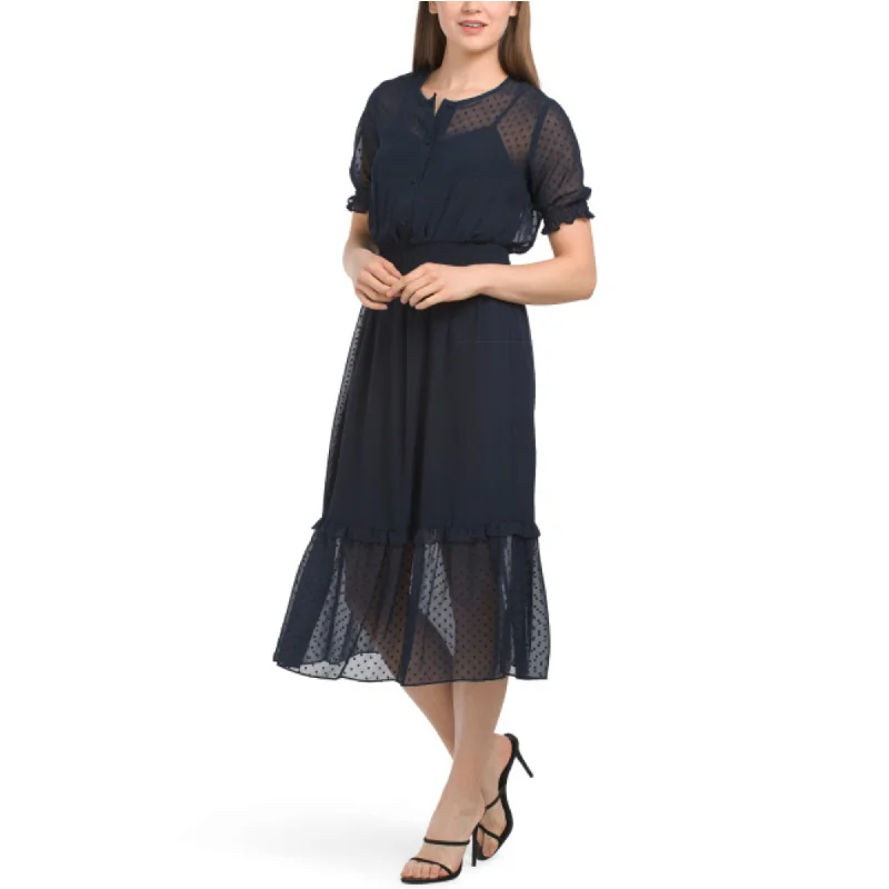 Women's midi dress flax glow -NANETTE LEPORE Women's Ruffle Hem Chiffon Clip Dot Midi Dress