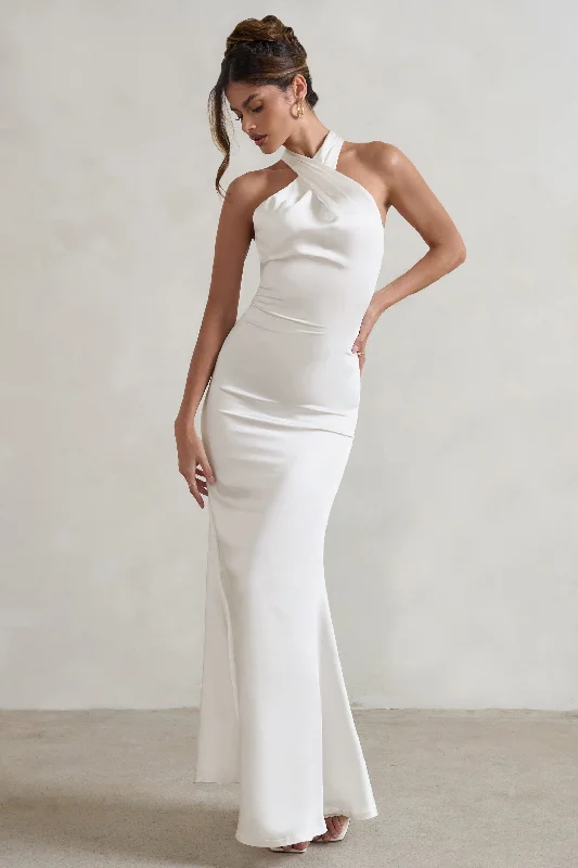 ladies-maxi-dress-celeb-charm-Unstoppable | White Satin Cross Over Halter Neck Maxi Dress