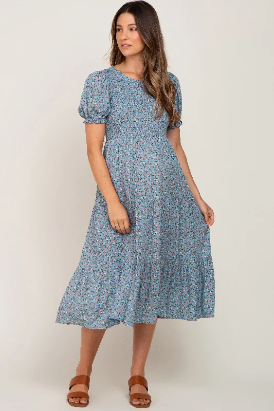 Women's midi dress wing flair -Blue Floral Smocked Maternity Midi Dress