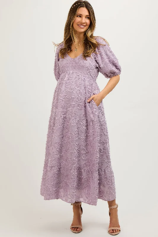 Women's midi dress snow flair -Lavender Fringe Textured Short Puff Sleeve Maternity Midi Dress