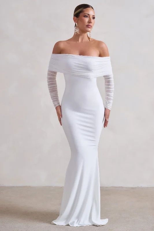 ladies-maxi-dress-square-sweep-Madeleine | White Fishtail Maxi Dress With Bardot Mesh Long Sleeves