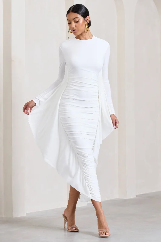 ladies-maxi-dress-90s-nimbus-Keva | White Long Sleeve Ruched Maxi Dress with Cape Detailing