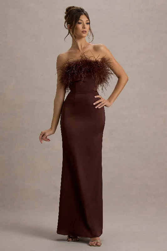 ladies-maxi-dress-eggplant-ember-Dress For It | Brown Satin Feather Trim Bandeau Maxi Dress