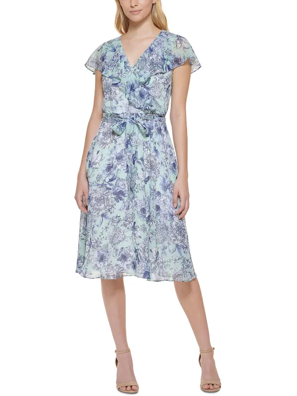 Women's flare dress corporate -Petites Womens Chiffon Floral Fit & Flare Dress