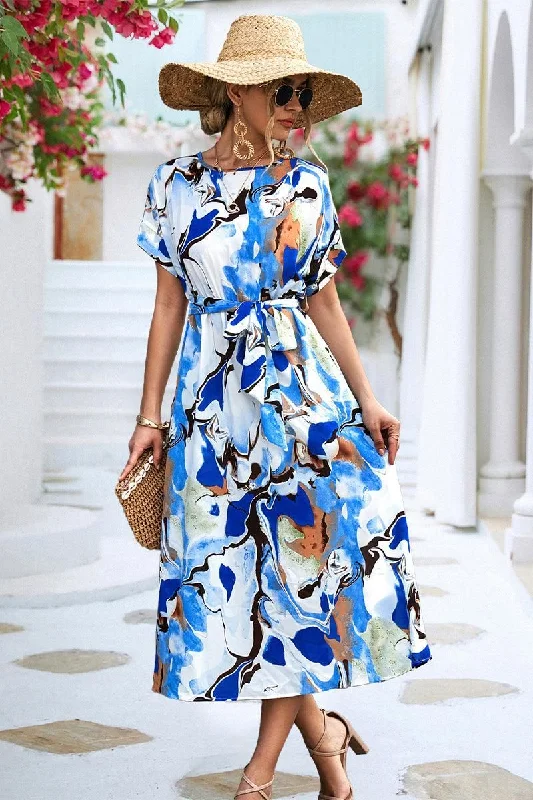 Women's midi dress dirt glow -MARBLE PRINTING WAIST TIED WOMEN MIDI DRESS