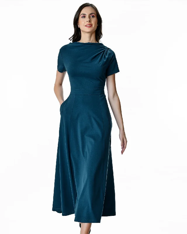 Women's flare dress bridal shower -Drape Neck Cotton Jersey Fit-And-Flare Dress | Blue