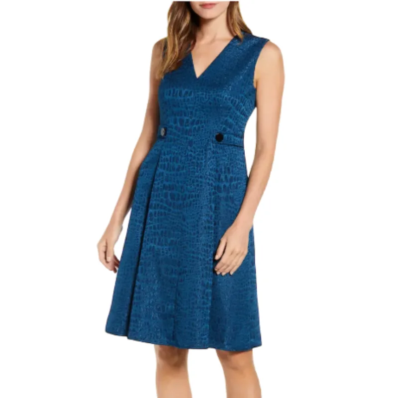 Women's flare dress avant-garde -ANNE KLEIN Women's Textured Jacquard Fit & Flare V-Neck Pleated Midi Dress