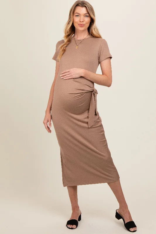 Women's midi dress bloom glow -Mocha Side Tie Maternity Midi Dress