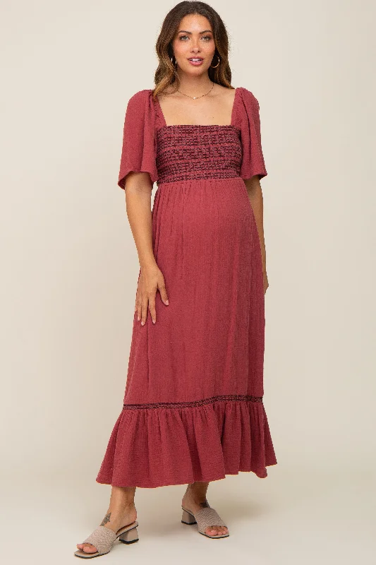 Women's midi dress petal glow -Burgundy Embroidered Smocked Square Neck Open Back Maternity Midi Dress