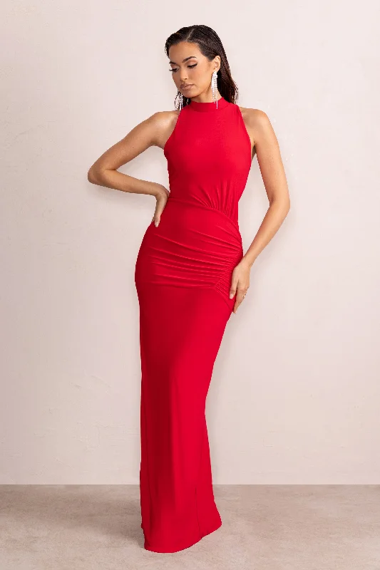 ladies-maxi-dress-retro-rush-Liori | Red Halter Neck Maxi Dress With Ruching Detail