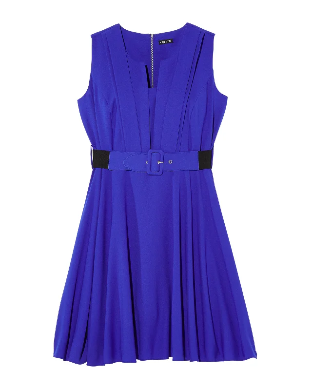 Women's flare dress round neck -Lyra Belted Fit & Flare Dress  | Royal Blue