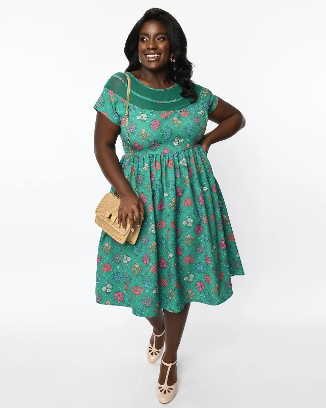 Women's flare dress mini -Unique Vintage Plus Size Green Floral Argyle Flare Dress | Green Floral Argyle