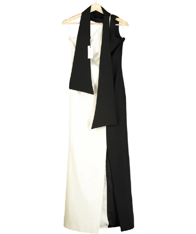 ladies-maxi-dress-maroon-muse-Karen Millen White Soft Tailored Tie Neck Contrast Panel Maxi Dress UK 6