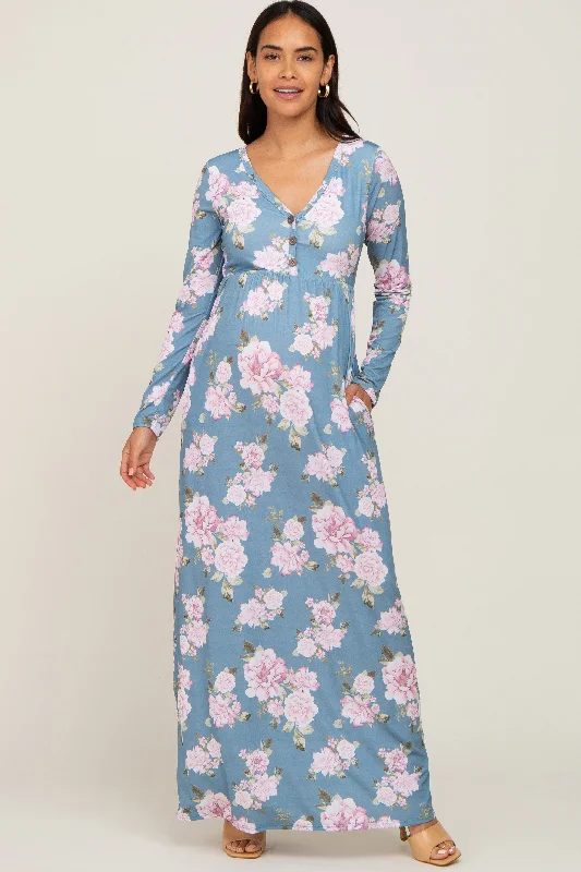 ladies-maxi-dress-coral-cool-Blue Floral Button Front Maternity Maxi Dress