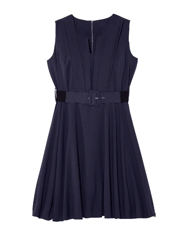 Women's flare dress turtleneck -Lyra Belted Fit & Flare Dress  | Navy