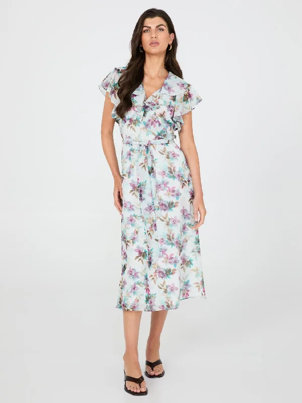 Women's midi dress 80s flair -Floral Print Chiffon Midi Dress With Ruffle Details