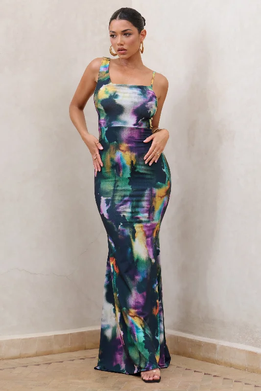 ladies-maxi-dress-lace-luminance-Phantasy | Watercolour Print Asymmetric Neckline Cowl Maxi Dress