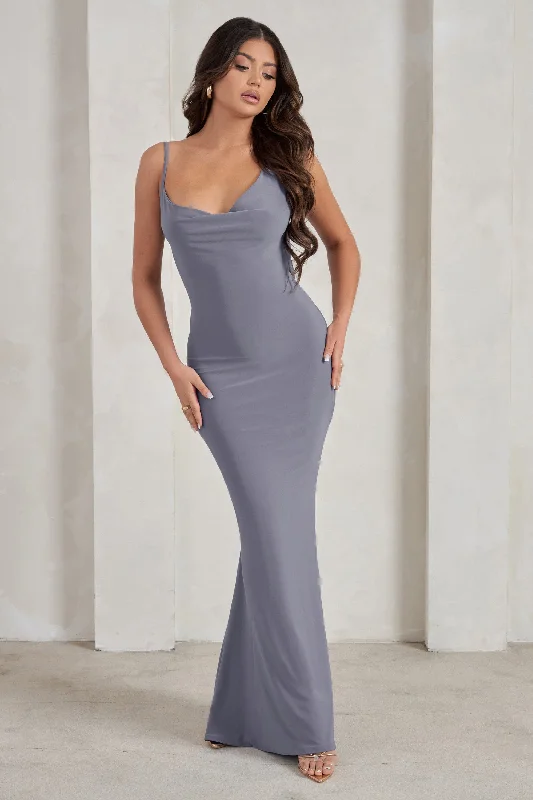 ladies-maxi-dress-salmon-sweep-Corinne | Grey Asymmetric Cowl Neck Backless Maxi Dress