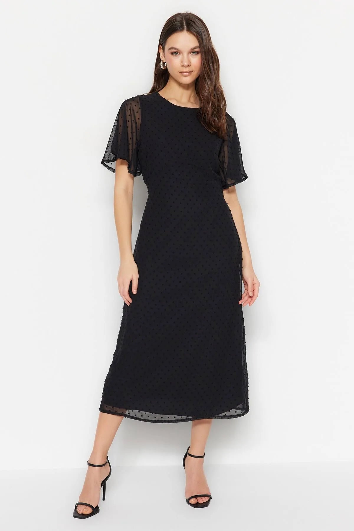 Women's flare dress round neck -Black Woven Flared Sleeves Midi Dress