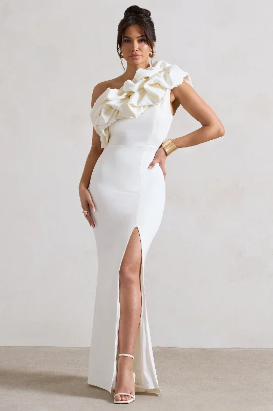 ladies-maxi-dress-elastic-essence-Vienne | White One Shoulder Ruffle Split Maxi Dress