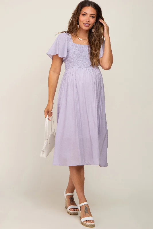 Women's midi dress past pop -Lavender Smocked Square Neck Flutter Short Sleeve Maternity Midi Dress