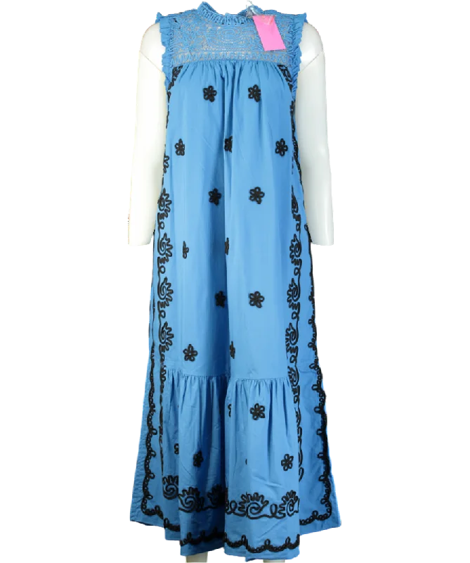 Women's midi dress bud pop -Rhode Resort Blue Embroidered Midi Dress In Pacific Rennes Applique UK L