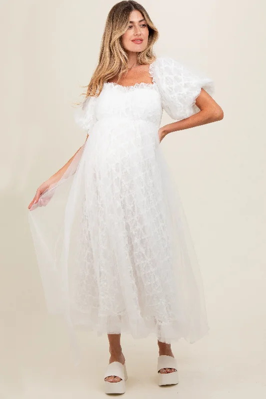 Women's midi dress dawn pop -White Balloon Sleeve Embroidery Mesh Maternity Midi Dress