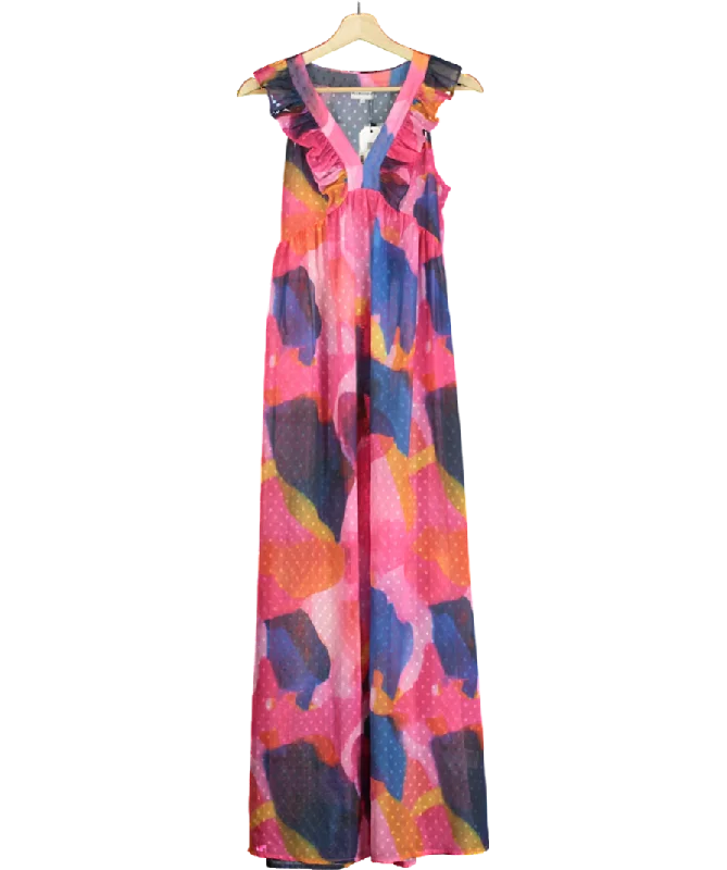 ladies-maxi-dress-neon-nerve-Pia Rossini Multicoloured Fuchsia Maxi Dress With Tropical Abstract Print And Ruffle Detail UK S