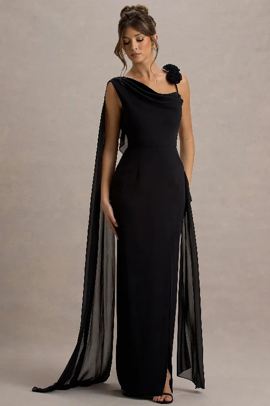 ladies-maxi-dress-beige-bliss-Angeline | Black Chiffon Draped Split Maxi Dress With Corsages