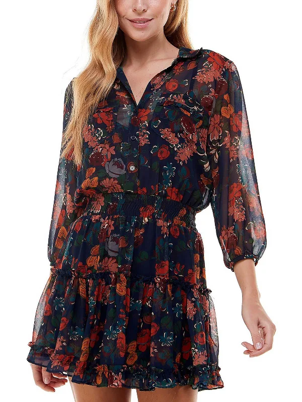 Women's shirt dress crisp pop -Juniors Womens Chiffon Floral Shirtdress