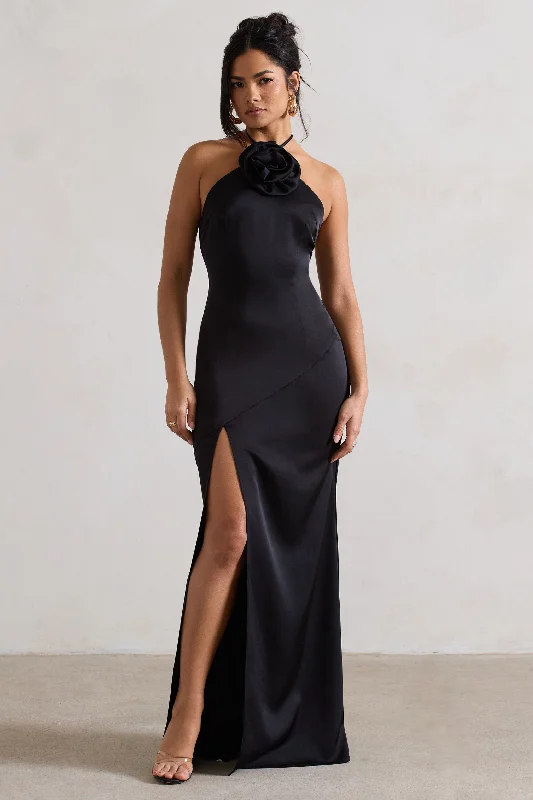 ladies-maxi-dress-smocked-sunset-Cesca | Black Satin Halter-Neck Maxi Dress With Flower Corsage