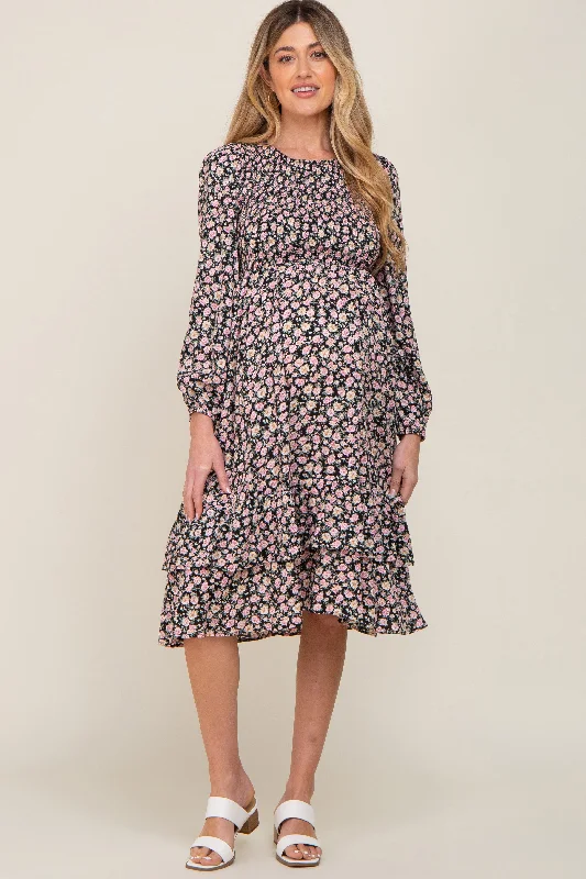 Women's midi dress ridge chic -Black Floral Smocked 3/4 Sleeve Tiered Maternity Midi Dress