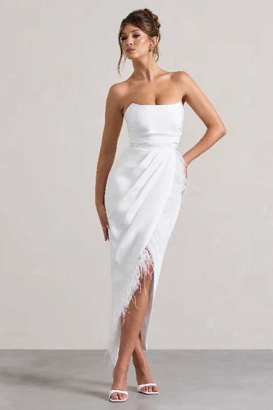 ladies-maxi-dress-social-silk-Chosen | White Bandeau Wrap Maxi Dress With Feather Trim