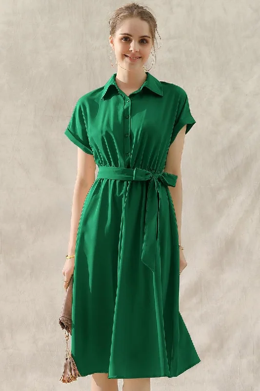 Women's flare dress knee length -ROLL UP SLEEVE TIED WAIST FLARE SHIRTS DRESS