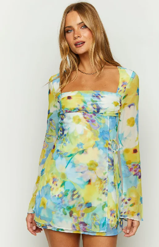 ladies-mini-dress-sleeveless-snap-Lucy Blue Floral Long Sleeve Mini Dress