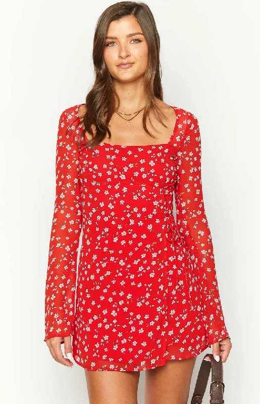 ladies-mini-dress-flirty-fresh-Goldie Red Floral Long Sleeve Mini Dress