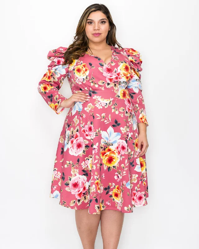 Women's flare dress holiday -Kourtney Floral Flare Dress | Mauve/Pink/Blue Floral