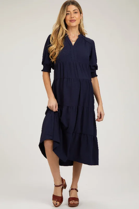 Women's midi dress flex pop -Navy Short Sleeve Tiered Maternity Midi Dress