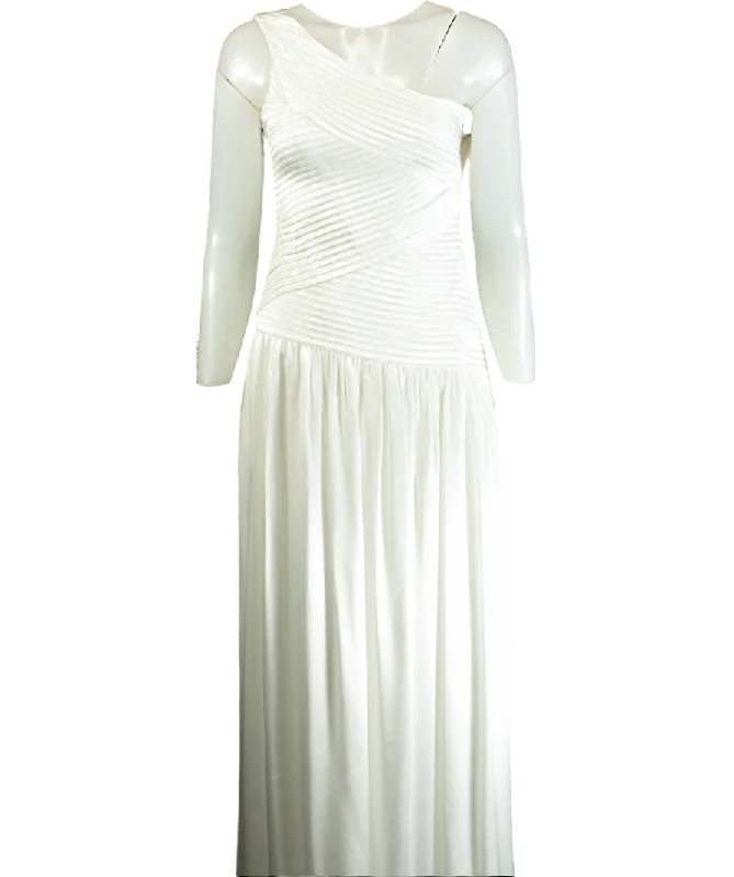 ladies-maxi-dress-beaded-breeze-Meshki White Jenna One Shoulder Pleated Maxi Dress UK XS