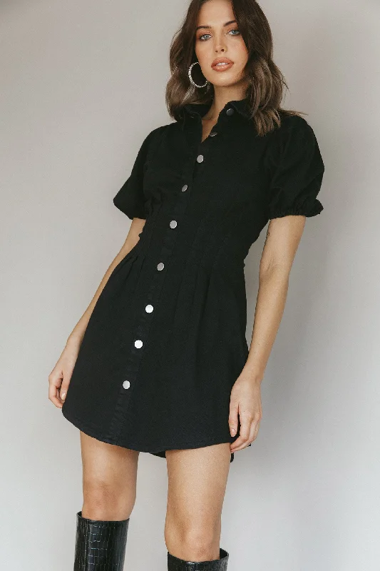 Women's shirt dress wet flair -Zurich Pleated Waist Shirt Dress Black