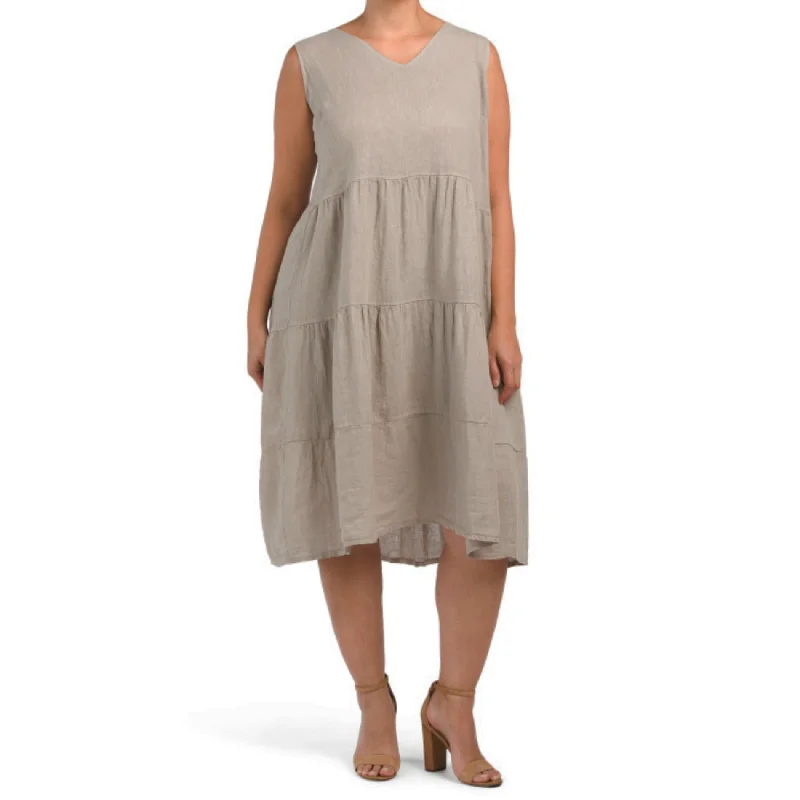 Women's midi dress fold glow -ROSEMARINE Plus Made In Italy Linen Sleeveless V-Neck Tiered Midi Dress